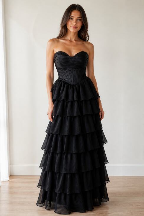 Weinaze Dresses & Skirts - Weinaze Black Strapless Tiered Ruffle Evening Dress